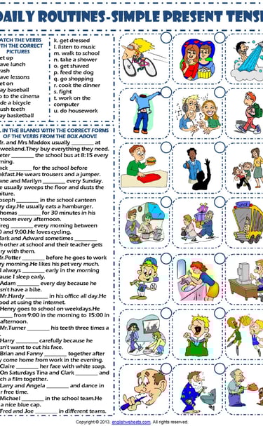 present simple daily routines esl printable gap fill exercise worksheet