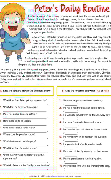 present simple peters daily routine esl reading comprehension worksheet