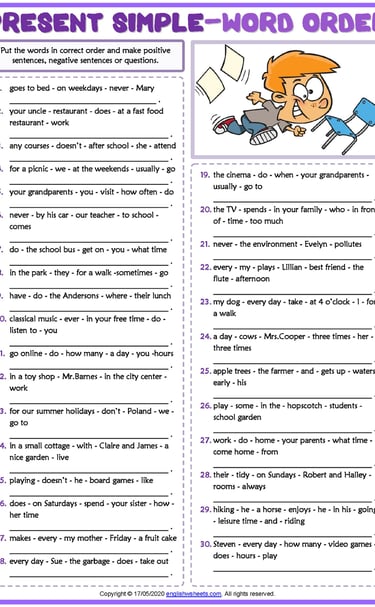 present simple tense esl printable word order exercise worksheet