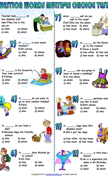 question words multiple choice what who where which how why how many  worksheet