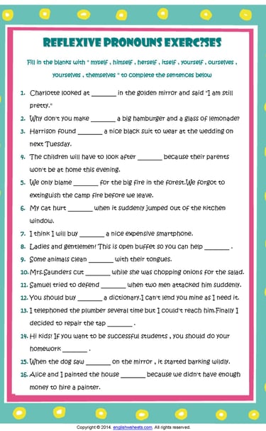 reflexive pronouns exercises esl grammar worksheet