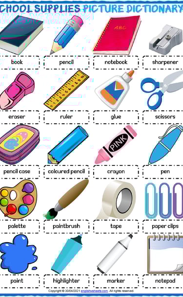 school supplies vocabulary esl picture dictionary worksheets for kids