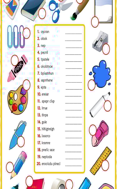 school supplies vocabulary esl unscramble the words worksheets for kids