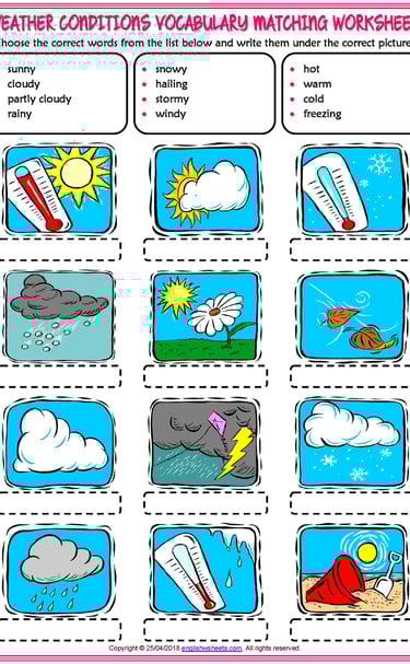 weather conditions vocabulary esl matching exercise worksheet for kids