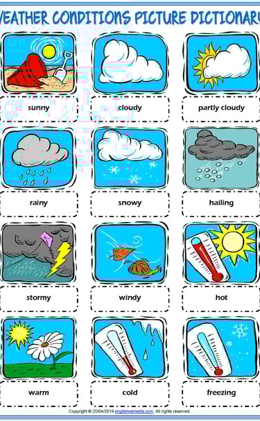weather conditions vocabulary esl picture dictionary worksheet for kids