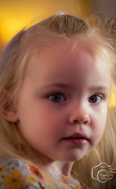 A sweet blonde toddler with big blue eyes looks curiously forward, her wispy hair catching the golden light in a close-up