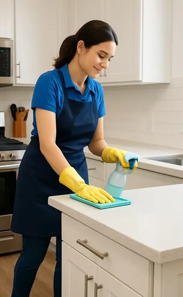 a woman in a blue apron and yellow gloves cleaning a counter top