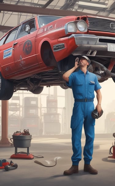 A dimly lit auto repair garage with two yellow cars, one on a lift and another below it. Various car parts, tools, and equipment are scattered around. A person is working at a desk on the right, while another person walks in the center. Shelves on the left are filled with tires and other items.