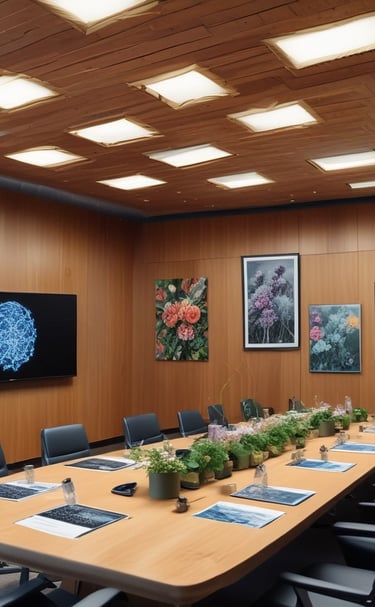 A conference room with a long wooden table surrounded by chairs covered in protective plastic. Multiple computer monitors are placed on tables against the walls, each displaying nature-themed images. The walls are lined with wood paneling, and a sign indicating a center for artificial intelligence is displayed at the front. There are decorative flower arrangements on the table, and the overall setup suggests a professional environment.