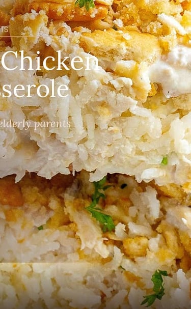 A creamy one-pan chicken and rice casserole with a golden cracker topping served in a white baking dish.