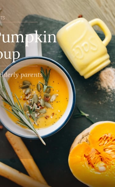 Creamy pumpkin and lentil soup in a bowl, a healthy meal for elderly parents.