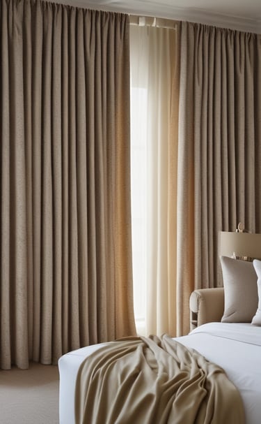 Patterned curtains illuminated by a warm light, casting shadows that create a sense of depth and texture.