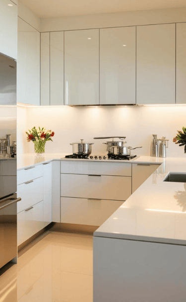 a kitchen with a stainless steel refrigerator and a large white counter