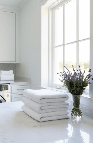 a white wash room with a washing machine and towels