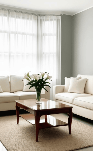 a living room with a couch and a table
