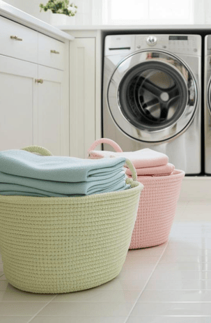 a laundry basket with towels and towels on the floor