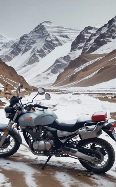A modern adventure motorcycle is parked on a paved path with a grassy field and bare trees in the background. The motorcycle features knobby tires, protective guards, and a windscreen, indicating it is designed for off-road or touring use. The environment appears calm and quiet, with the scene set against a backdrop of rolling hills and scattered leafless trees.