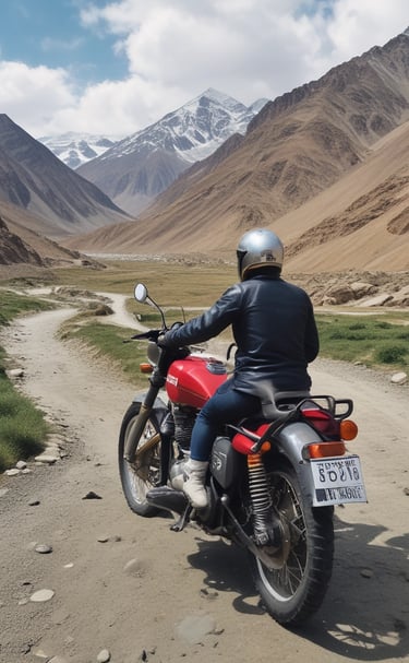 A motorcyclist wearing protective gear, including a helmet and gloves, rides a large touring motorcycle with panniers along a road with a concrete barrier. The motorcyclist is making a gesture with one hand while riding through a slightly blurred background of greenery.