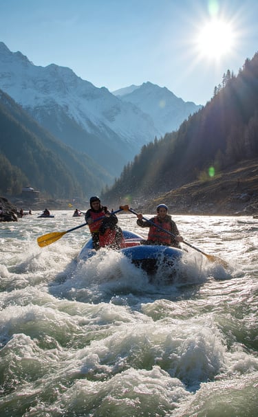 Thrilling white-water rafting on the Beas River in Manali, surrounded by stunning Himalayan views