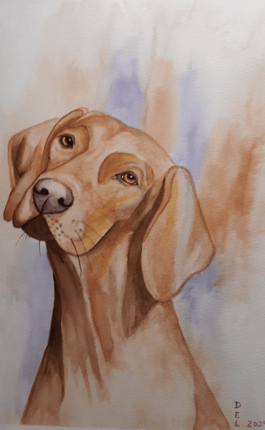 Watercolor painting of a Vizla (breed of dog).