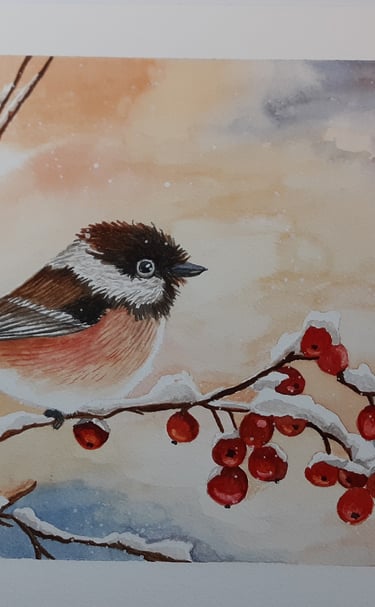 a watercolor painting of a Chickadee bird sitting on a branch with red berries in winter