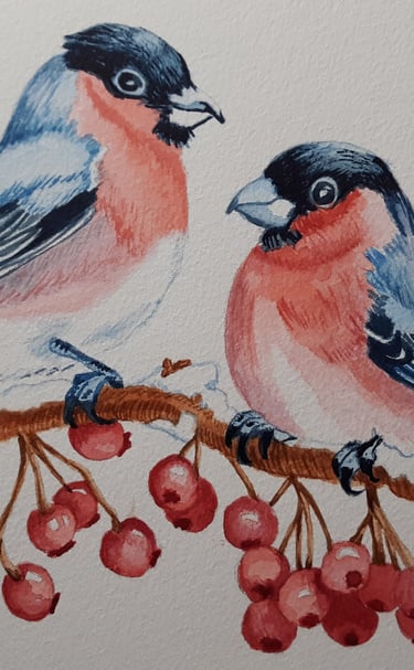 a couple of Chickadee birds sitting on a branch with red berries in winter