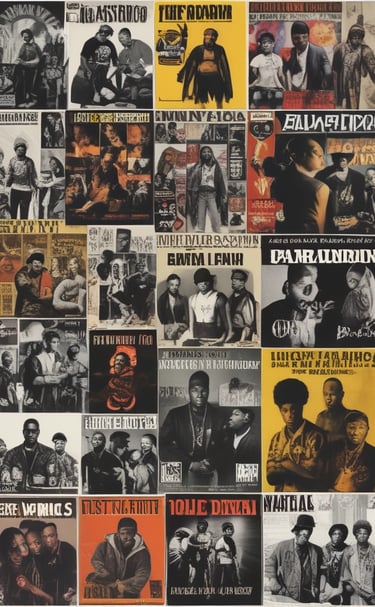 A collage of nine hip-hop album covers featuring various artists, each with distinct artwork. The covers display bold typography and imagery representing the artists' styles and the urban culture they belong to.