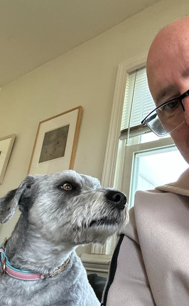 Portriat of the dog watcher and his doggie client