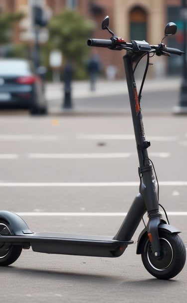 A red three-wheeled scooter with a large, weathered blue and brown storage box attached to the back. The scooter has a basket on the front, handlebars, and a cushioned seat. It is parked on a textured street surface, adjacent to a wooden fence and stone pavement.
