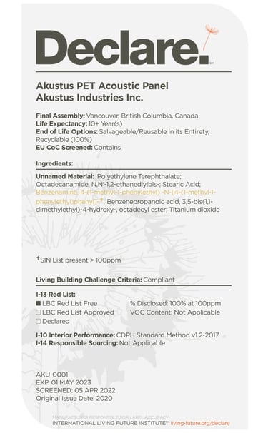 declare label for AKUSTUS PET acoustic panel