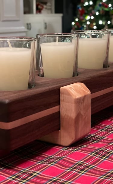 Handcrafted votive candle display made from black walnut and curly maple