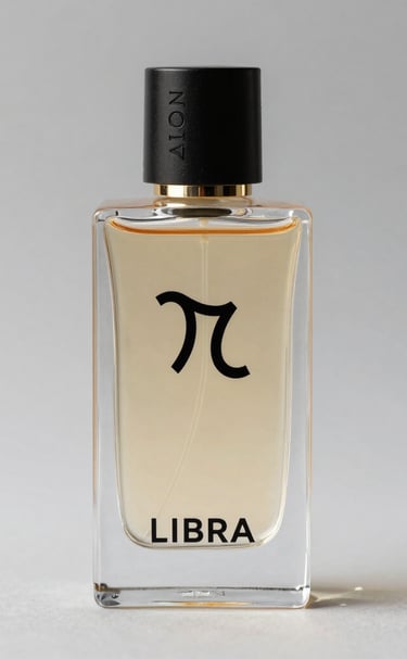 A black perfume bottle with a silver cap is placed on a textured tree stump surrounded by a natural setting. The background is blurred, showcasing green foliage, suggesting an outdoor environment.