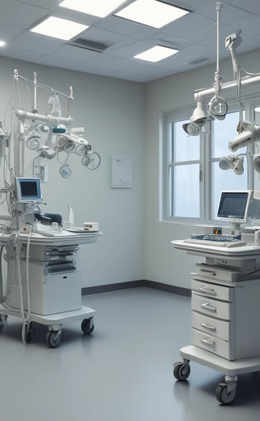 A medical device is positioned against a plain background. The machine features a screen displaying various icons and controls, likely for diagnostic purposes, and an apparatus for eye examination.