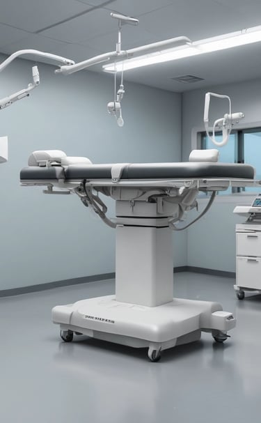 A table is cluttered with various medical supplies and equipment, including a red biohazard container, a spray bottle, packaged materials, and a tray with upright test tubes. The background features cabinets and chairs.