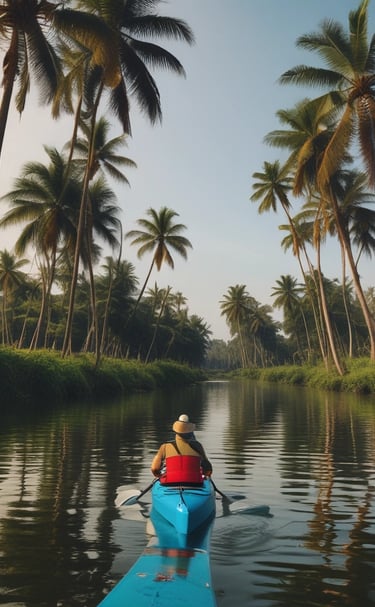 A group of people is kayaking through a calm, narrow waterway surrounded by tall grass and trees. The sky is overcast, and the water reflects the cloudy sky above. The kayakers are wearing various colors, enhancing the natural setting.
