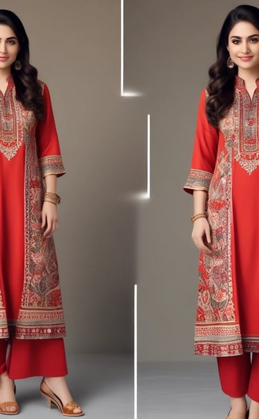 A model wearing a flowing pastel lawn suit in a garden.