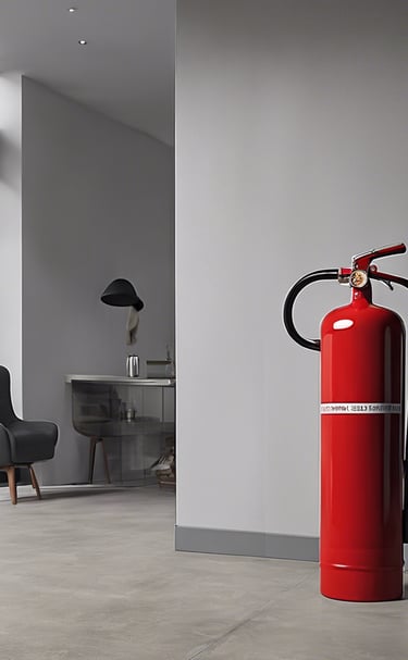 A close-up view of a fire extinguisher with a yellow inspection tag attached. The tag contains details about the service and inspection of the equipment. A pressure gauge is visible, indicating the operational status of the extinguisher. The background is a concrete wall with an electrical conduit running parallel to the extinguisher.