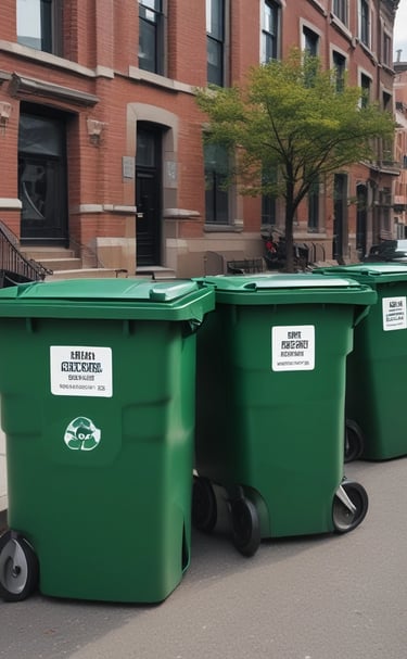 A street scene with several recycling bins, each designated for a specific type of waste, against a wall adorned with informational posters about recycling. In front of the bins is a cart filled with assorted materials such as cardboard, plastic, and other recyclables. Above, a stone wall and foliage are visible, and there are street signs with directional information.