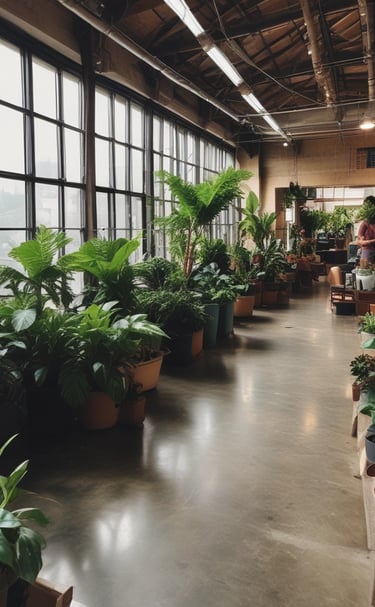 A well-maintained garden with a geometric arrangement of green grass, pathways, and flower arrangements. The central area features large white planters with greenery and a pergola adorned with hanging flowers. Tall, lush trees surround the garden, and a stone walkway intersects the scene on the right.