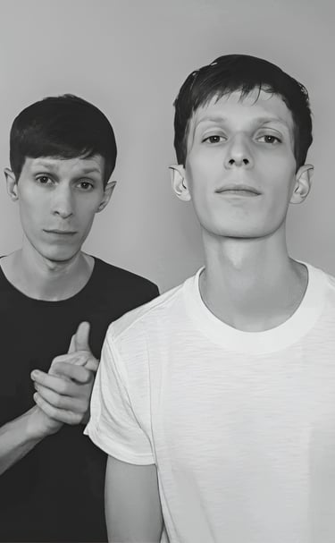two men standing next to each other in front of a wall
