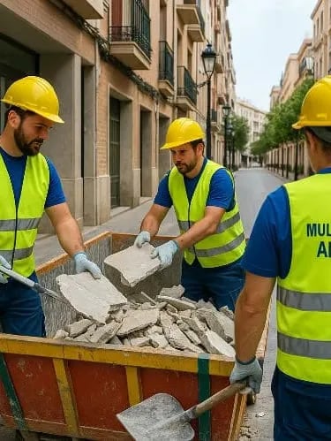 Equipo de trabajo llenando un contenedor de escombros, equipodos con el traje de seguridad