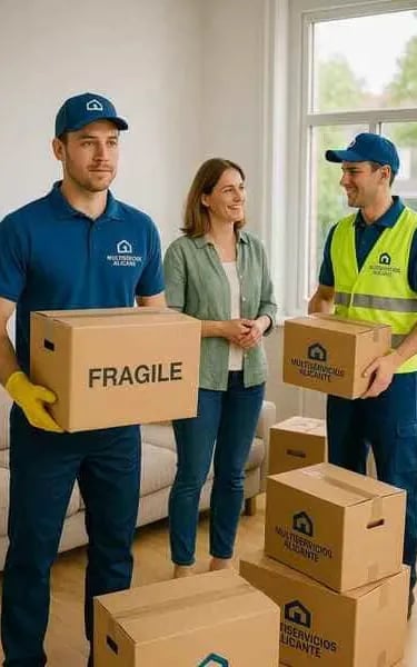 Señora de la casa hablando con los trabajadores mientras se llevan los paquetes del centro del salón
