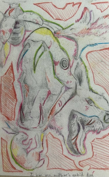 Original Takara Welter colored pencils on Paper, titled "My Mother's Rabid Dog"