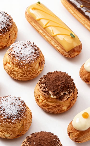 Elegant display of flaky savory pastries with fresh herbs on a marble surface.