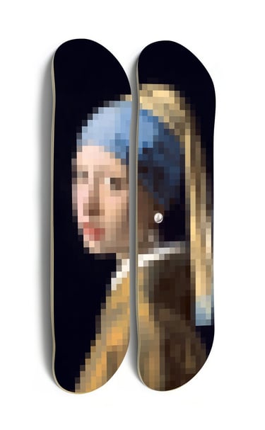 a pair of skateboards with a girl with a pearl earring