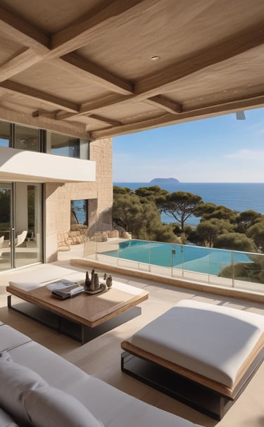 A luxurious two-story house with a white facade and wrap-around balcony overlooking a pristine swimming pool in the foreground. Tropical plants and trees surround the property, enhancing the serene atmosphere. The modern extension on the right side features large windows and wooden paneling.