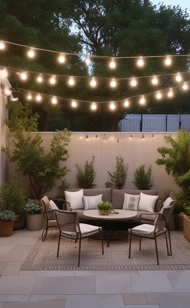 A peaceful garden area with lush greenery and seating.