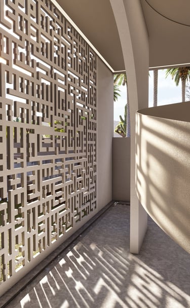 Glazed corridor overlooking courtyard