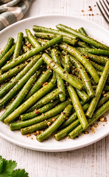 Sautéed garlic butter green beans seasoned with cracked black pepper on a white ceramic plate.