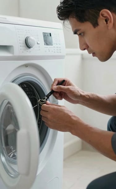 Technician carefully inspecting a washing machine drum in a modern Santiago home